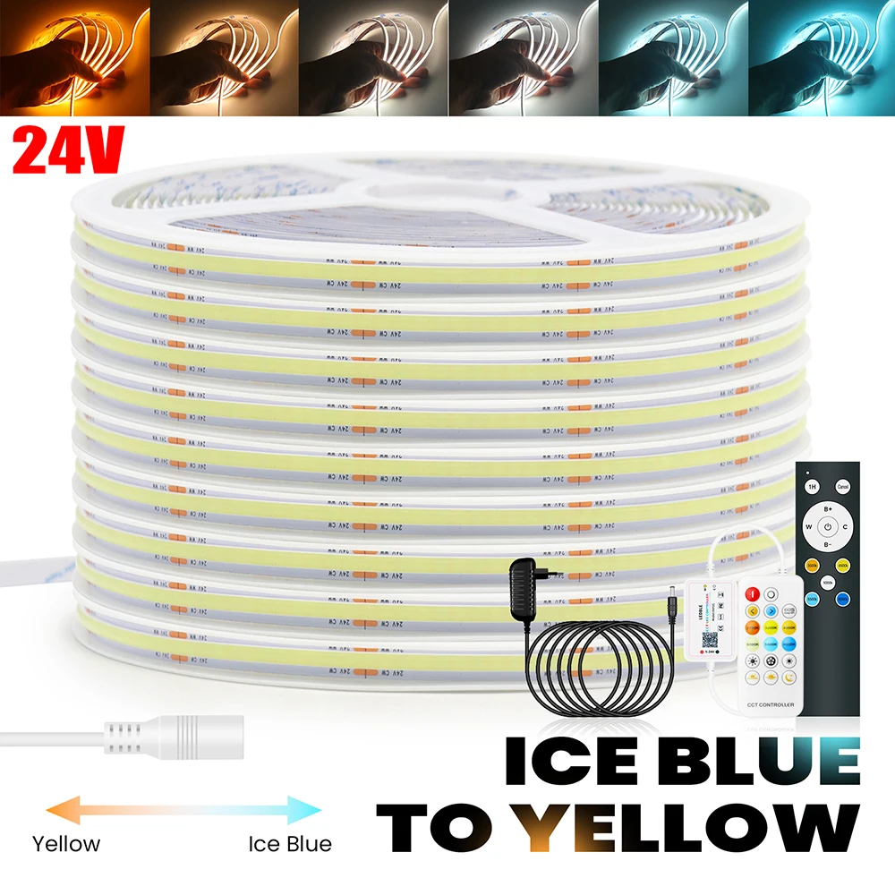 5m 10m CCT COB LED Strip Light 17Key 12key Bluetooth Remote Control Power Kit 2200K to 8000K 480 LEDs/m 24V Flexible Tape 0.5m