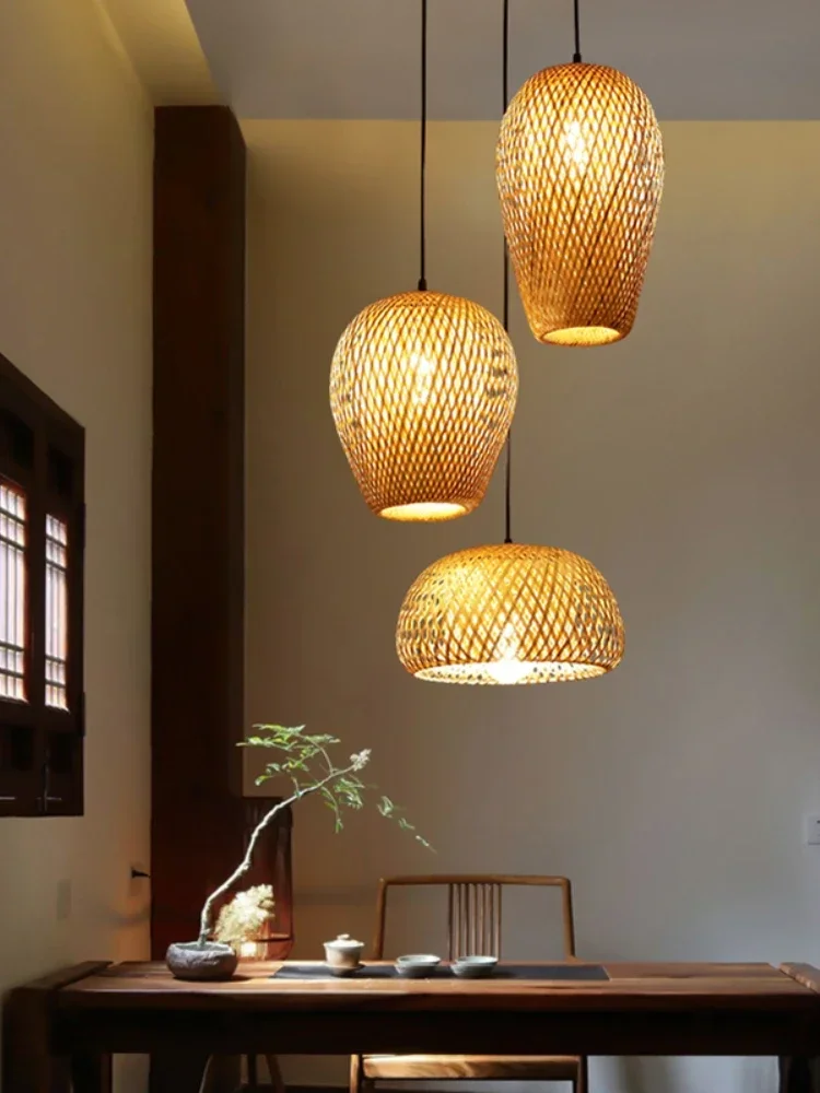 Classic 3Pcs Pendant Lamps Bambooo Wooden E27 Chandeliers Illumination Ceiling Lights Living Room Bedroom Home Lighting Decor