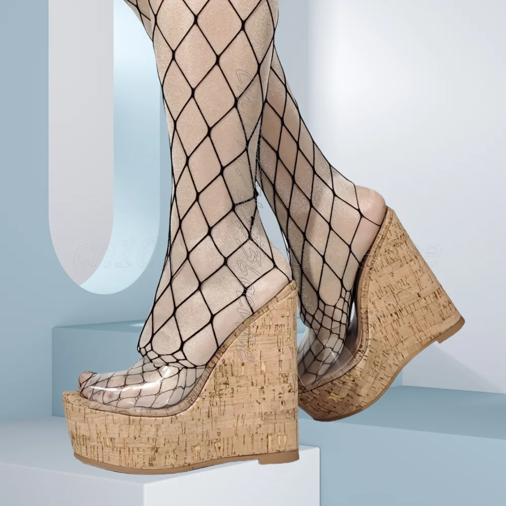

Summer Fashion Women's Sandals Thick Platform Slippers Transparent PVC Shoes Wood Grain Sole Waterproof 2025 Zapatos Para Mujere