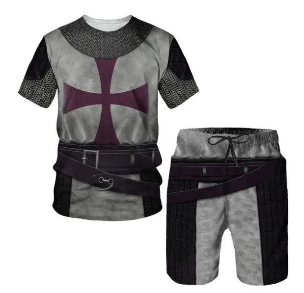 2024 New Heraldic Lion T Shirts+Shorts 2PCS Outfits 3D Printed Men\'s Shorts Sets Fashion Oversized Knight Armor Cosplay Clothing