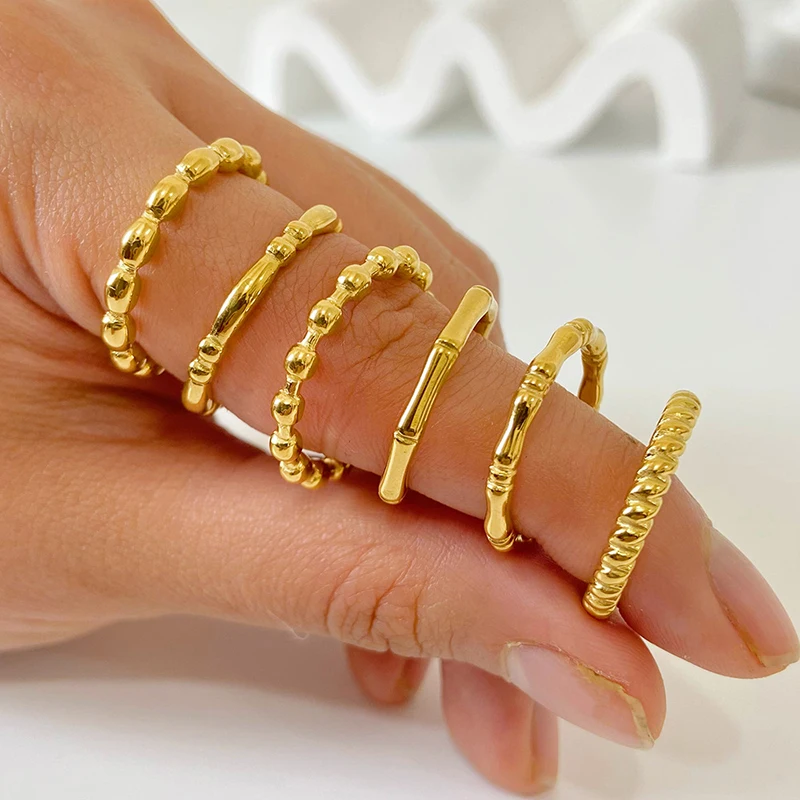 

Women Stacker Rings Set 18K Gold Plated Stainless Steel Bamboo Marquise Beaded Sphere Design Tarnish Free Jewelry