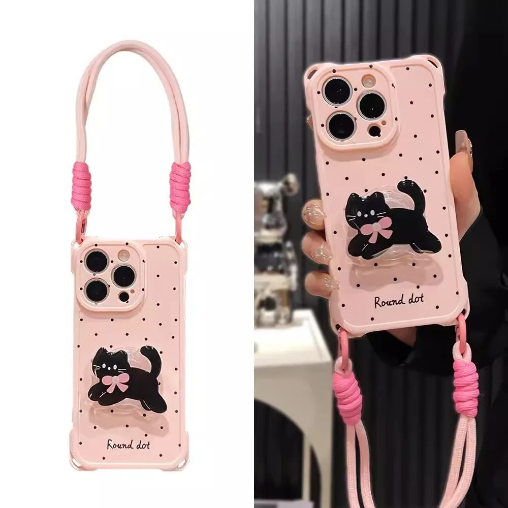 

Cute 3D Black Cat Pink Polka Dot Phone Case with Lanyard for iPhone 16 15 14 Pro Max Shockproof Protective Cover
