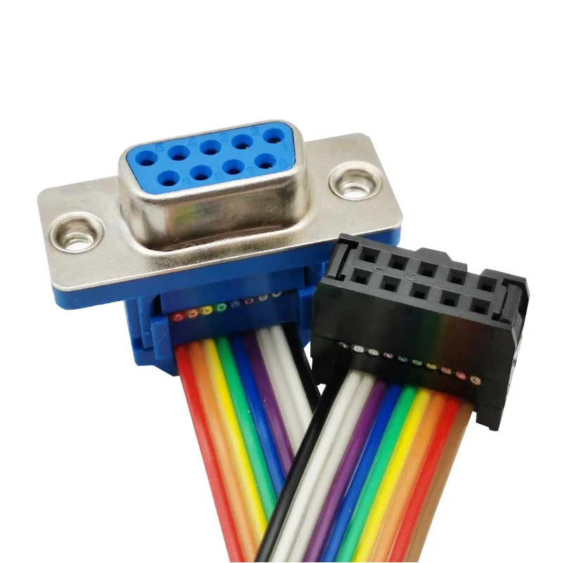 D-Sub DB9 9 Pin Male Connector To FC-10P IDC Female 2.54mm 10 Pin Rainbow / Multicolor Flat Ribbon Cable