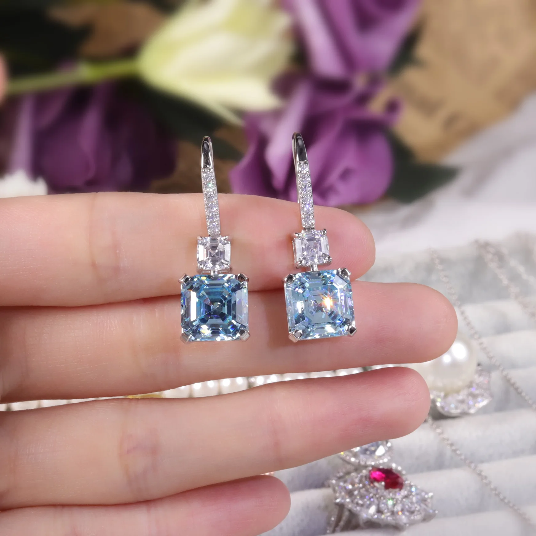 GEM'S BALLET Diamond-fire CZ-Light Aqua Blue Earrings White Gold Plated 925 Sterling Silver FishHook Dangle Earrings For Women