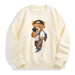 Women's Round Neck Pullovers Autumn Winter Male Funny Pose Teddy Bear Pattern Print Sweatshirts Outdoor Fashion Casual Pullover