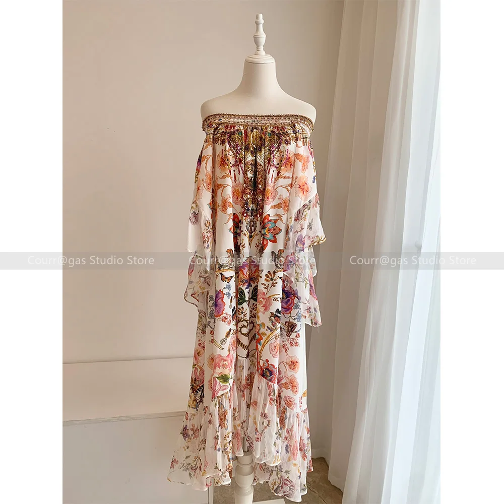 Seaside vacation one-shoulder floral long dress tea break temperament goddess model high-end exquisite dresses