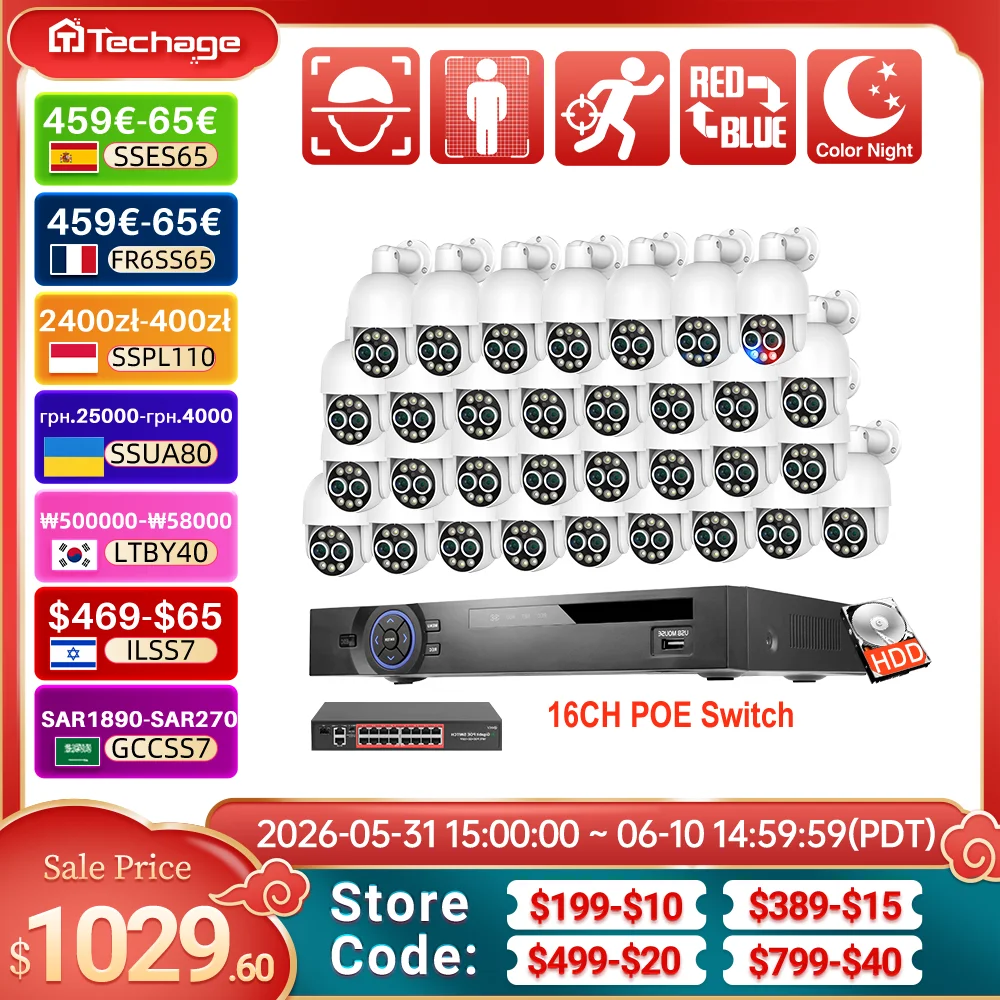 

Techage H.265 8MP 36CH Dual Lens POE Camera Kit Humanoid Auto Traking Smart AI 8X Zoom PTZ POE Survillance Kit E-mail Alert P2P