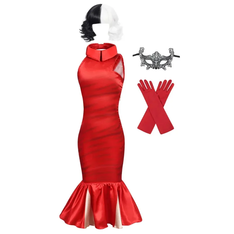 Jurebecia Girls Villains Cruella Deville Dress Up Costume Kids Movie Halloween Cosplay Outfit with Gloves Wig