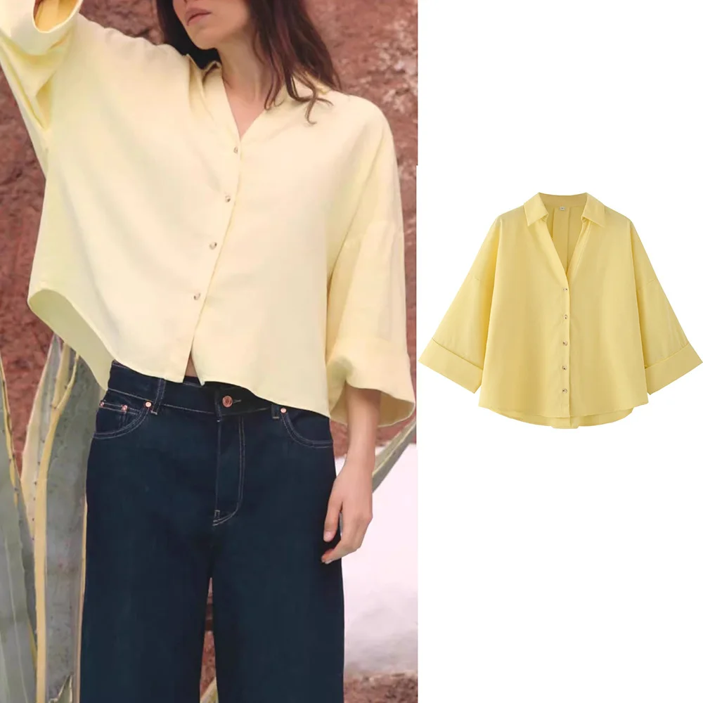

Spring New Women's Fashion Casual V Neck Simple Versatile Wide Sleeved Comfortable Long Sleeved Lapel Shirt