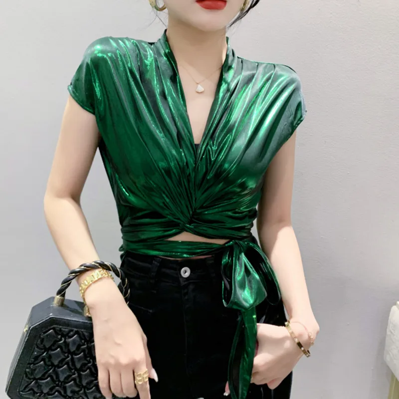Street Wear Gold Silver Green Shinny Short Sleeve Blouse Women Sexy Irregular Short Wrap Shirt Female Bandage Summer Tops