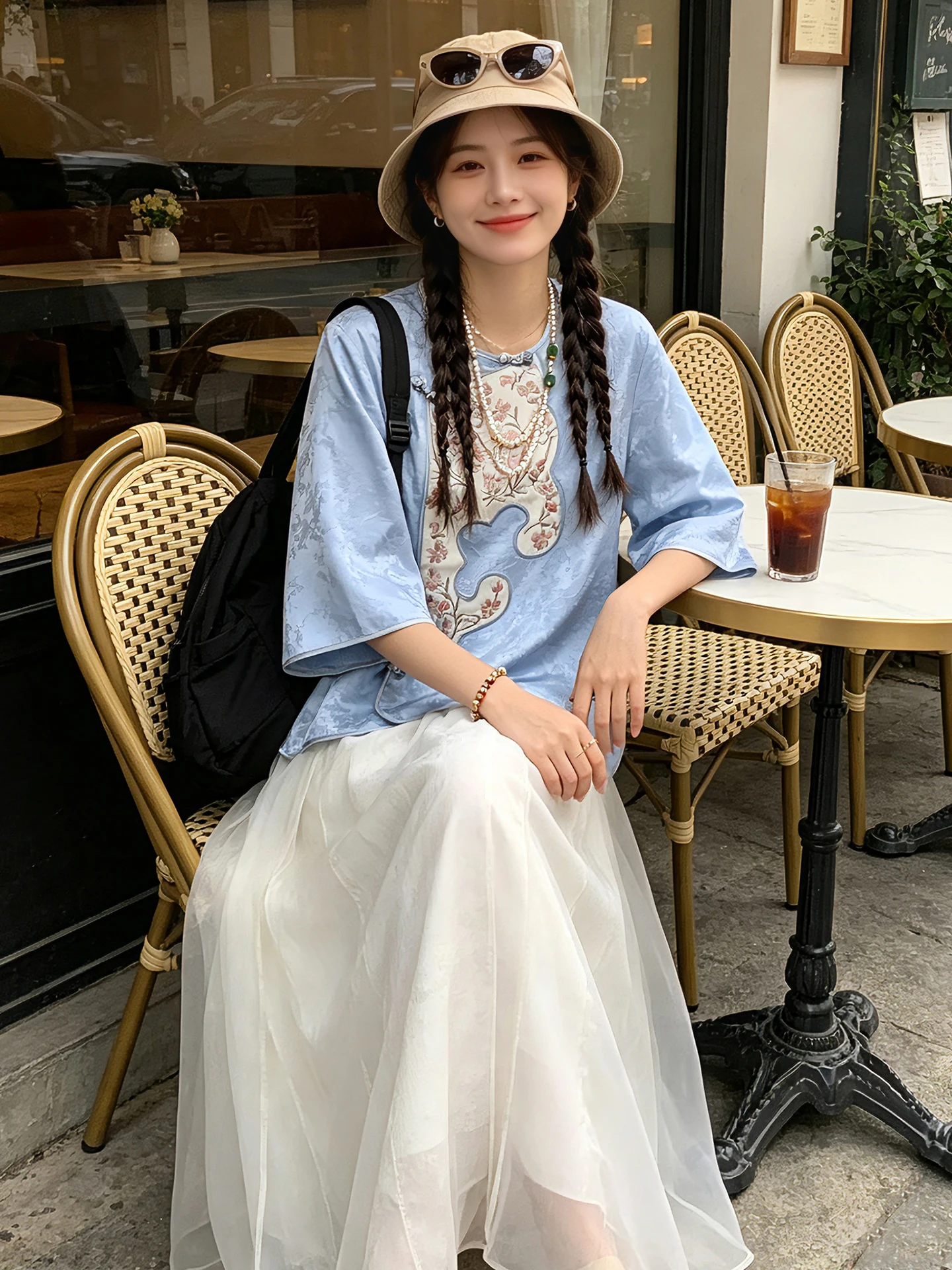 New Chinese Style Women's Embroidered Floral Top Silk Thread Five-Quarter Sleeve Tea Ceremony Clothing Spring Summer Fashion