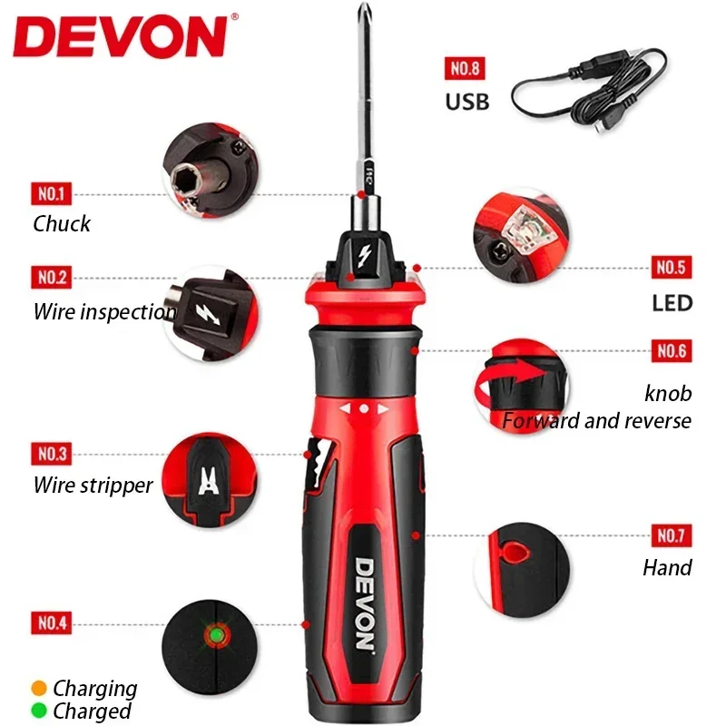 Devon Mini Electric Screwdriver Electrical Detect Stripping 4V Built-in Lithium USB Charger for Electrician Repairman Carpentry