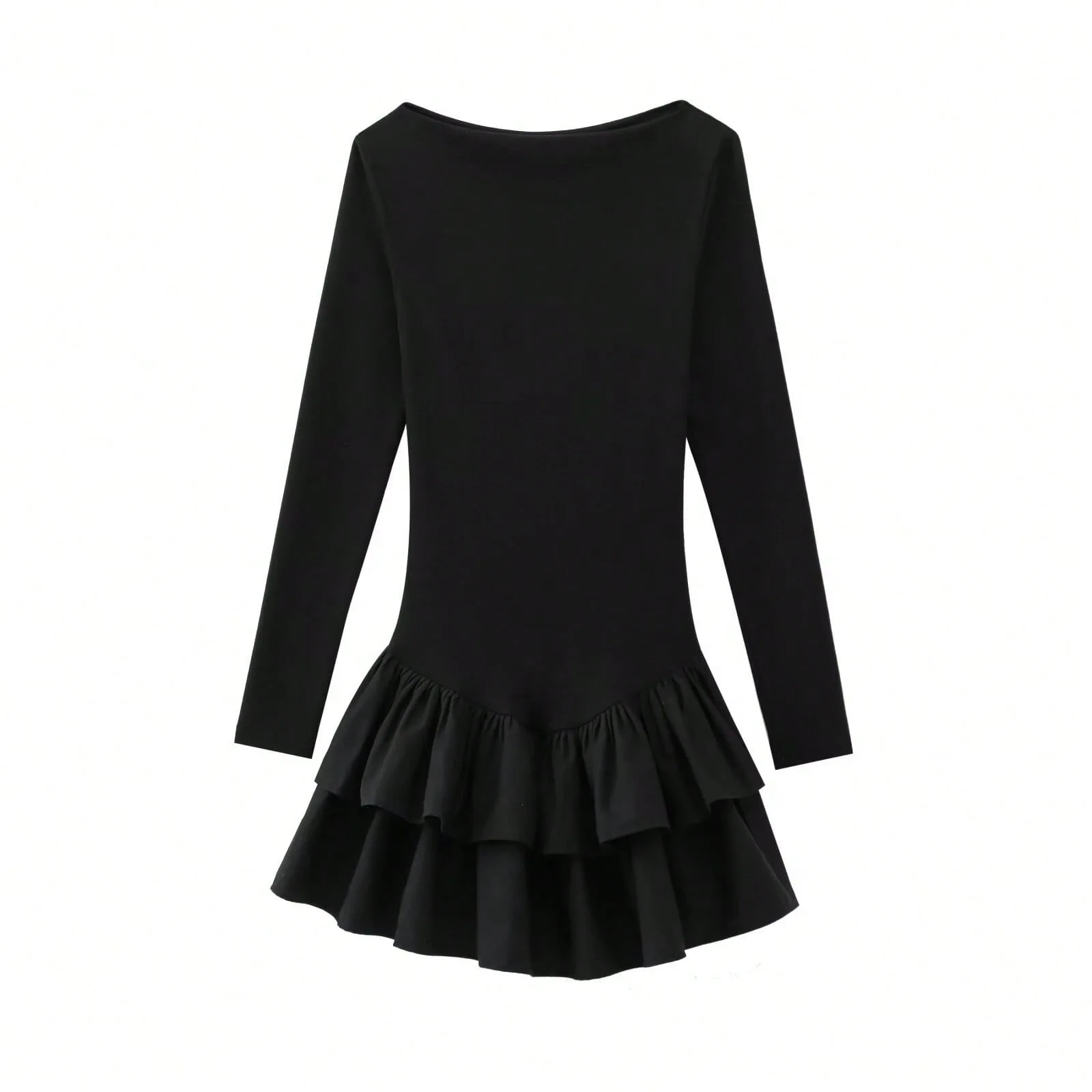 Feminino primavera manga comprida em camadas pulôver decorativo cor sólida mini saia vestido curto