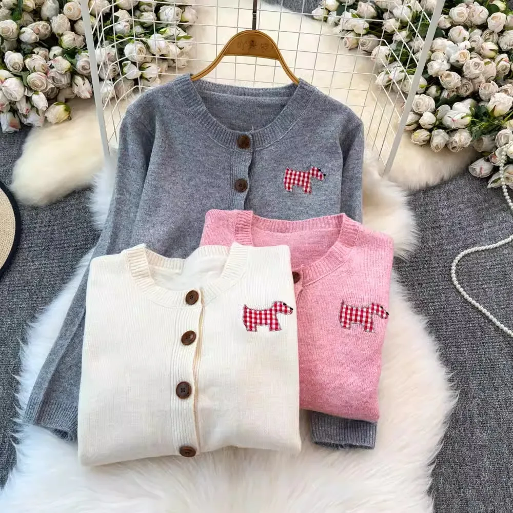 YuooMuoo Korean Fashion Cardigans Sweaters Women Autumn O-neck Y2K Puppy Patched Knitted Tops Streetwear Chic Ladies Shirts