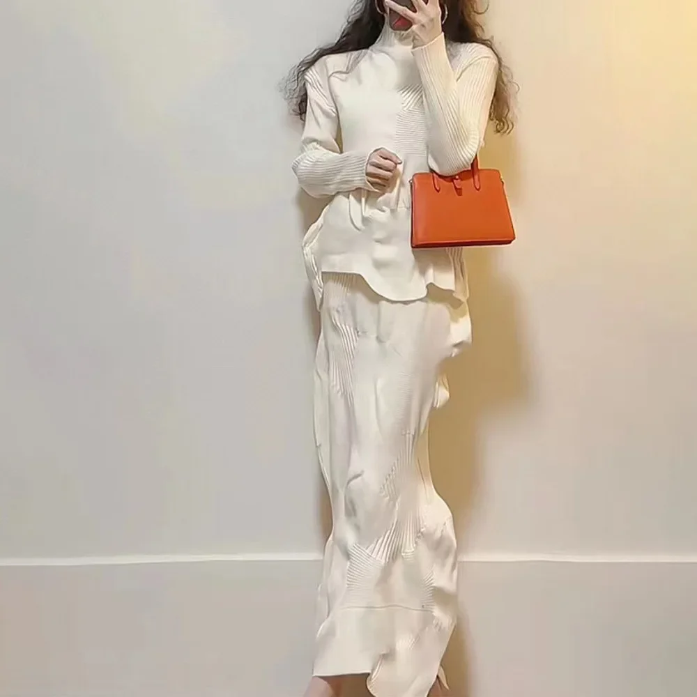 

Miyake Pleated Winter New Sweater Set for Women's Knitted Skirt Comfortable and Fashionable Irregular Half Skirt Two Piece Set