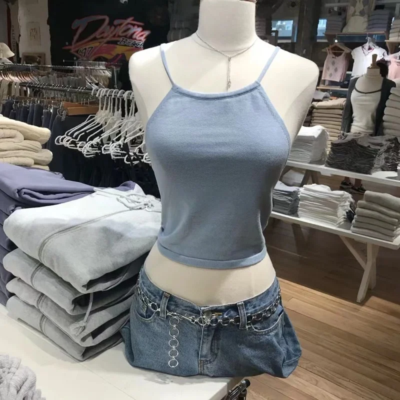 Chaleco de punto azul con tirantes para mujer, estilo interior, de moda, con cuello halter, Pure Desire Brandy GirlBM, sitio web oficial, estilo deportivo.