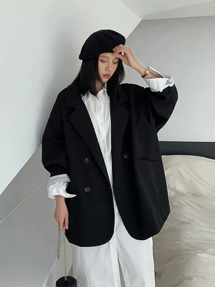 Blazer lengan panjang wanita, Blazer kantor kasual polos Chic dengan kancing, mantel longgar lengan panjang sederhana Mode Korea musim gugur untuk wanita