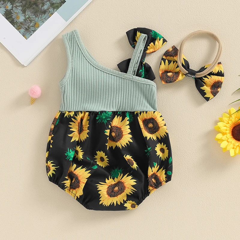 0-18 Months Cute Newborn Infant Baby Girls Romper Sleeveless One Shoulder Ribbed Floral Print Bodysuit with Headband Summer