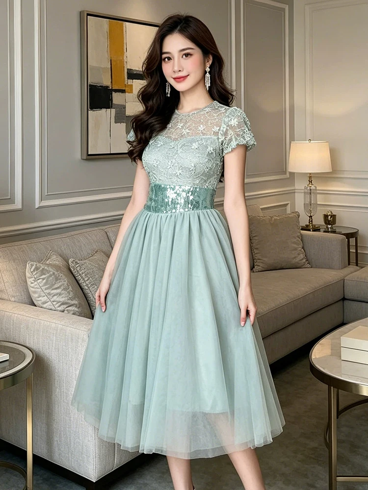 Light Green Lace Floral Tulle Midi Dress Women Elegant Short Sleeve Sequin Slim A-Line Dresses Robe Date Evening Party Prom New