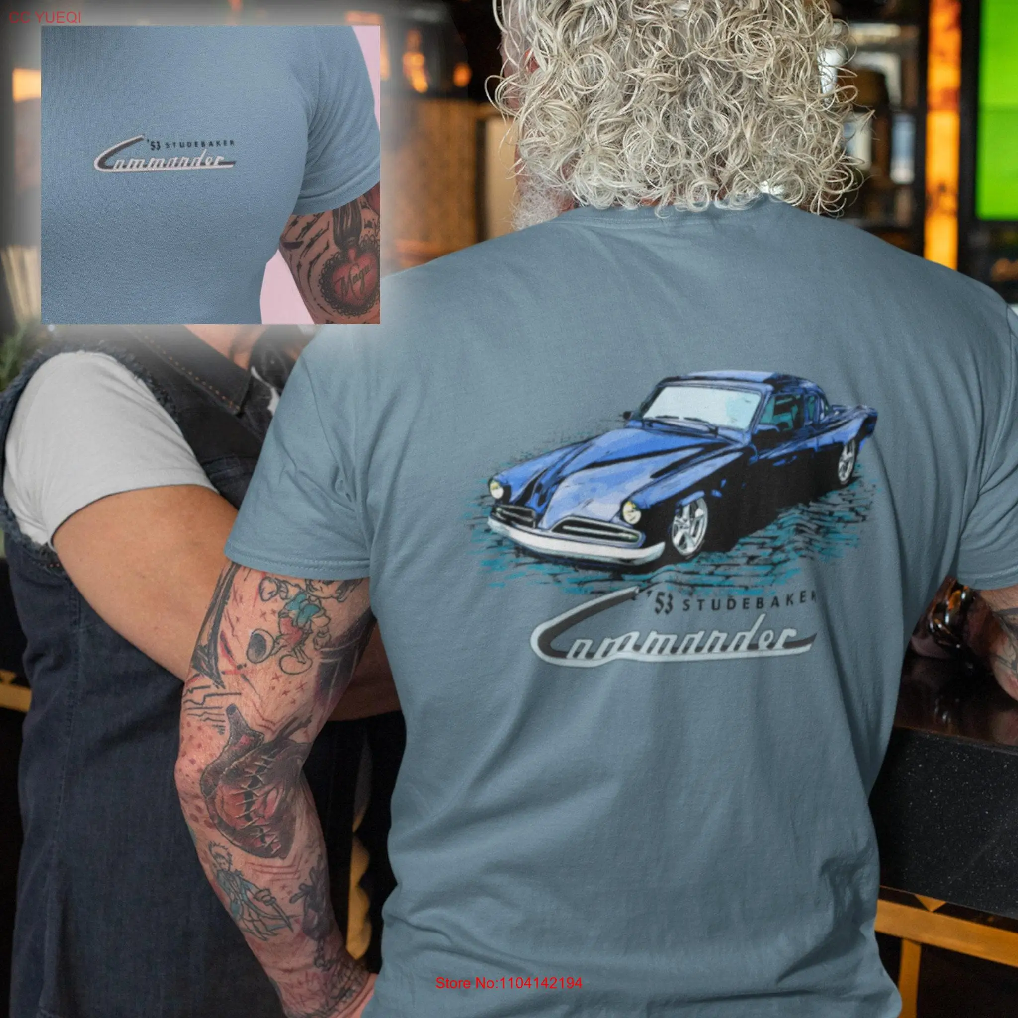 Classic Car T Shirt featuring a Blue 53 Studebaker Commander image on back 1953 Stude long or short sleeves