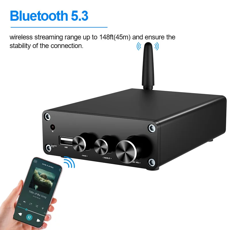 

Усилитель мощности 200 Вт Bluetooth 5,3 с поддержкой U-диска без потерь, Hi-Fi стерео усилитель мощности 2,0, 3,5 мм AUX, Bluetooth, U-диск, Предварительный Выход