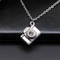 Fashion Simple Vintage Antique Silver Color 20x16mm Camera With Crystal Pendant Necklace For Women