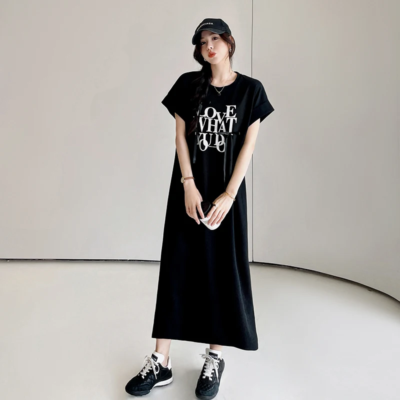 ルーズブラックドレス 2025 夏プラスサイズの女性の Tシャツドレス弓半袖女性ローブプリントレターカジュアル Vestido KE6813