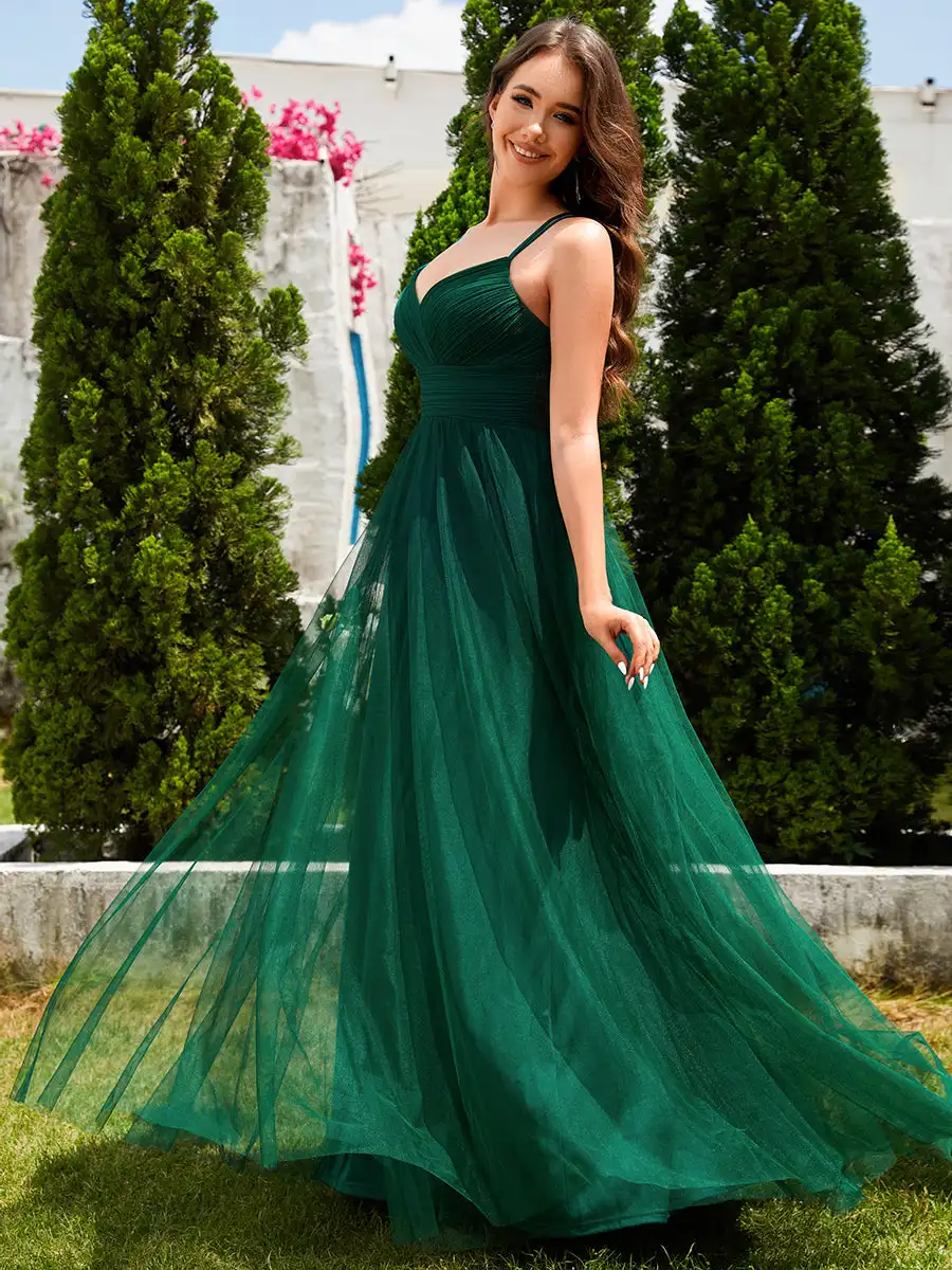 Elegant Evening Dresses Spaghetti Straps Tulle Backless Crossover Halter 2025 Ever Pretty of Lace Dark Green Bridesmaid dress