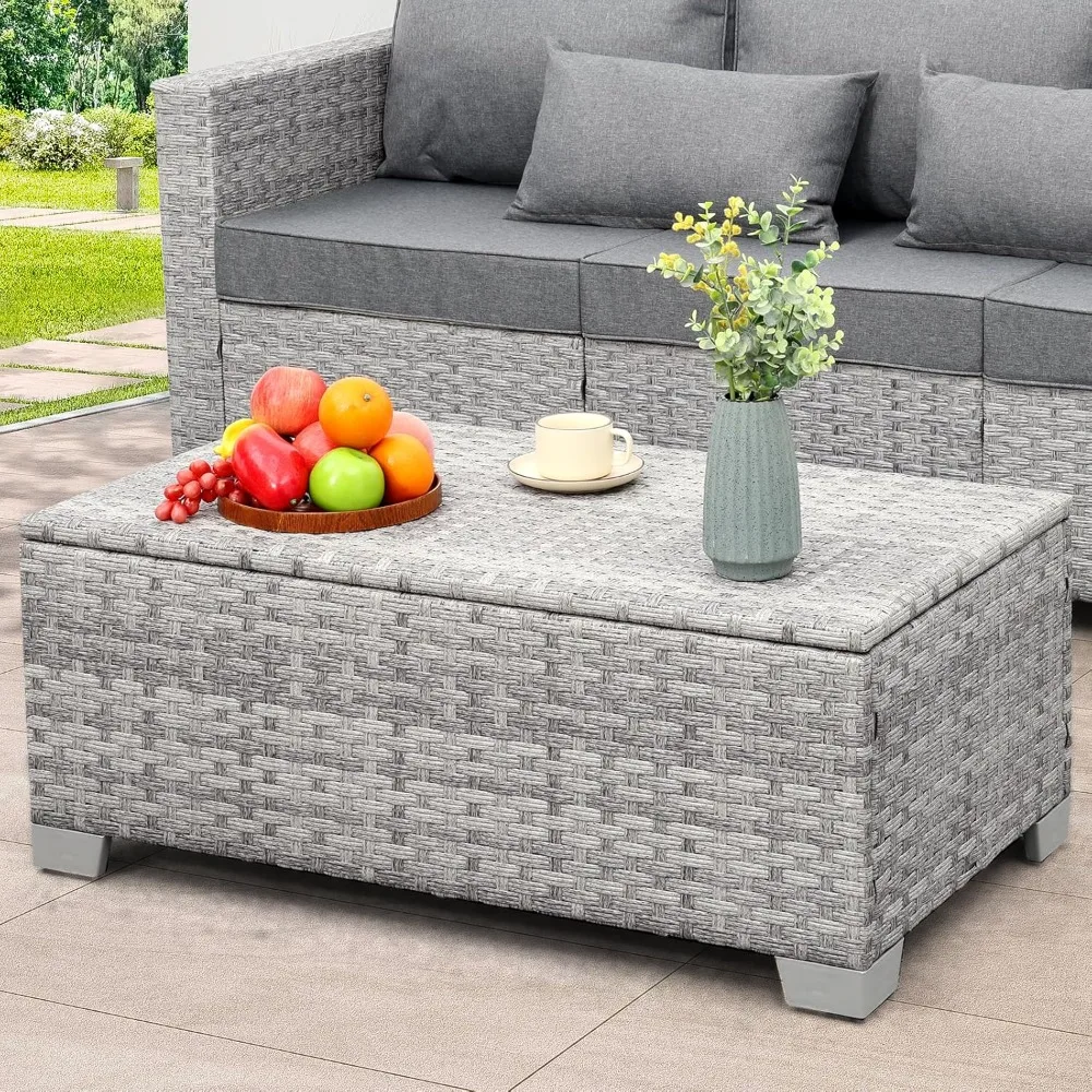 

Outdoor PE Wicker Storage Table, Resin Rattan Patio Coffee Table All Weather Ourdoor Table with Storage for Garden