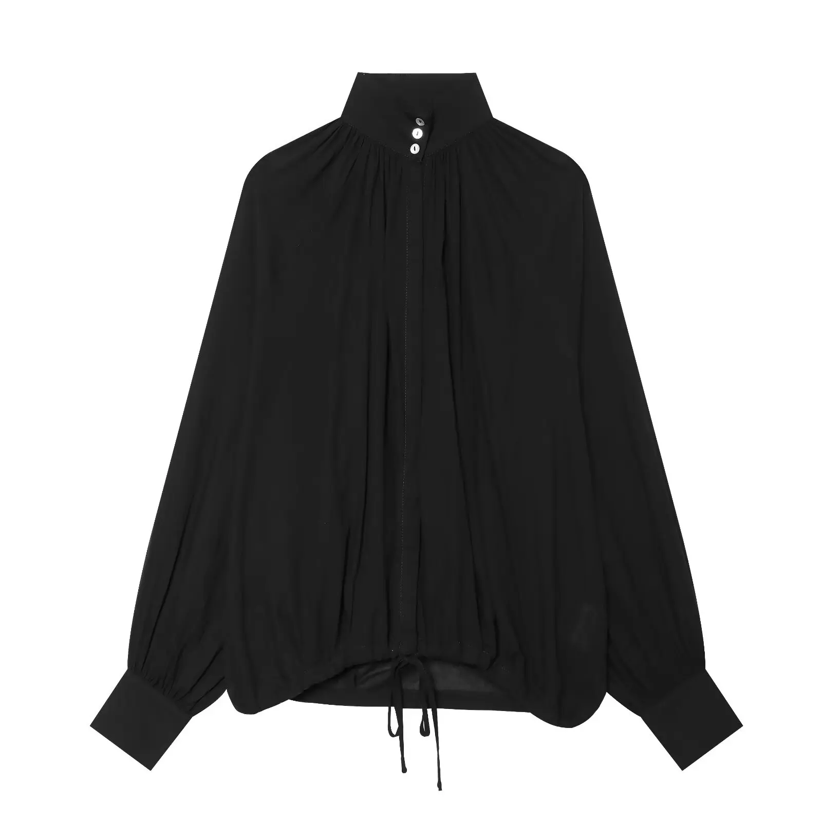 BSAY 2026 Sommer Damen Elegante Einfarbige Hochgeschlossene Langarm-Bluse mit Gerafftem Saum und Kordelzug Locker Sitzende Lässige Schwarze Bluse – Detail 2