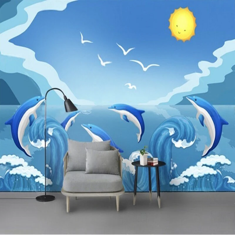 New modern cartoon blue sky sea dolphin children's room TV bedroom background wall painting