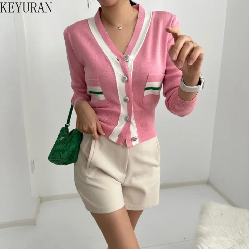 2024 Autumn Striped Sweater Women Korean Chic Color Matching Button V-neck Slim Long Sleeve Crop Top Y2k Knitted Cardigan Jacket