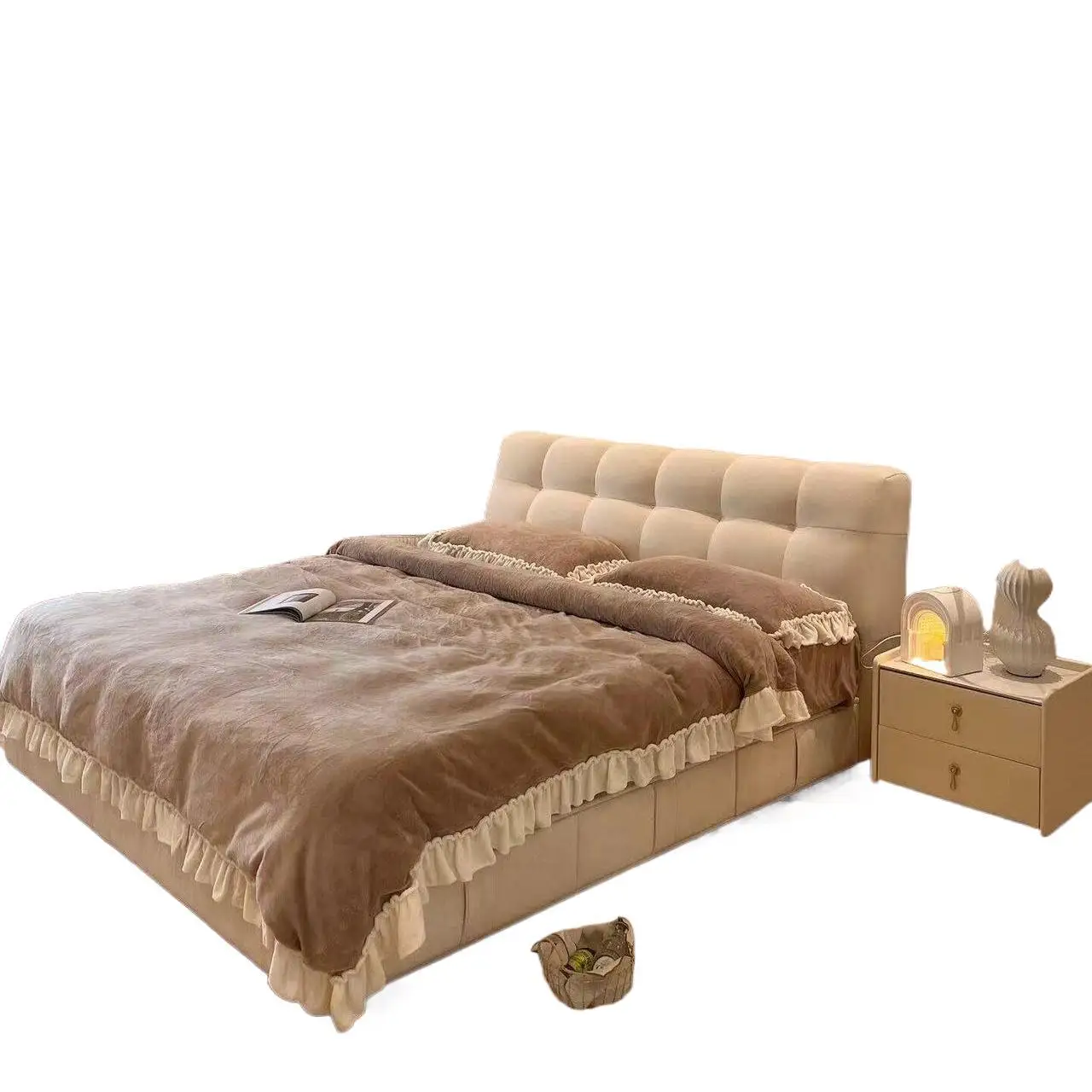 

Modern minimalist puff bed cream wind, bedroom fabric soft bag double bed