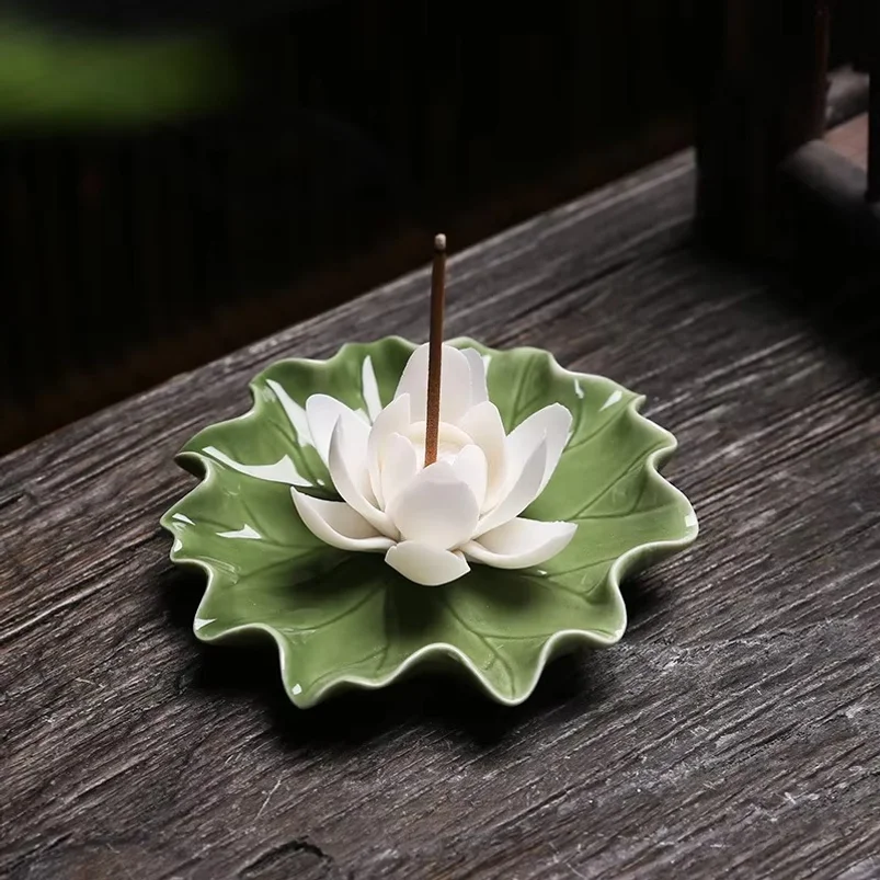 Ceramic handmade imitation floral thread incense tray - Home tea room aroma diffuser lotus leaf base Buddha hall incense burner