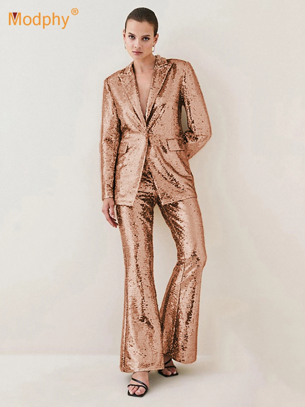 

Modphy Women Shining Sequins Blazer Pants Two Piece Set Long Sleeve Outerwear Party Formal Trousers Flared Pants Suits Outfits