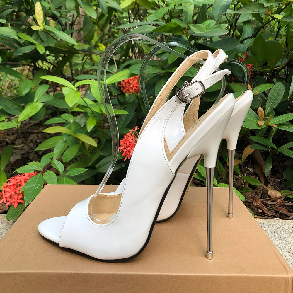 Kobiety Solid White Sandały 16cm Extreme Metal Thin High Heels Sexy Peep Toe Pumps Fetish Club Party Man Crossdresser Unisex Shoes