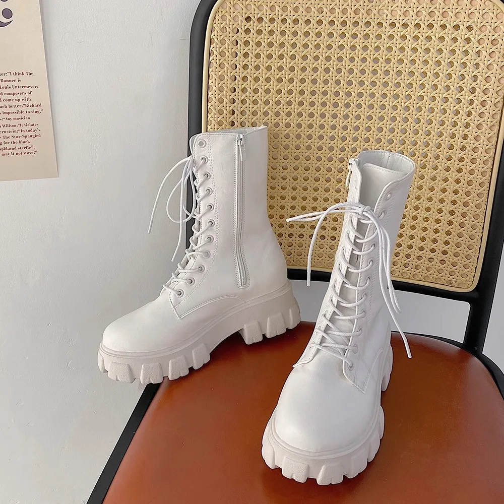 

Белые мотоциклетные ботинки Briti Sle, повседневные, на высоком каблуке, до середины икры, из искусственной кожи, на резиновой подошве