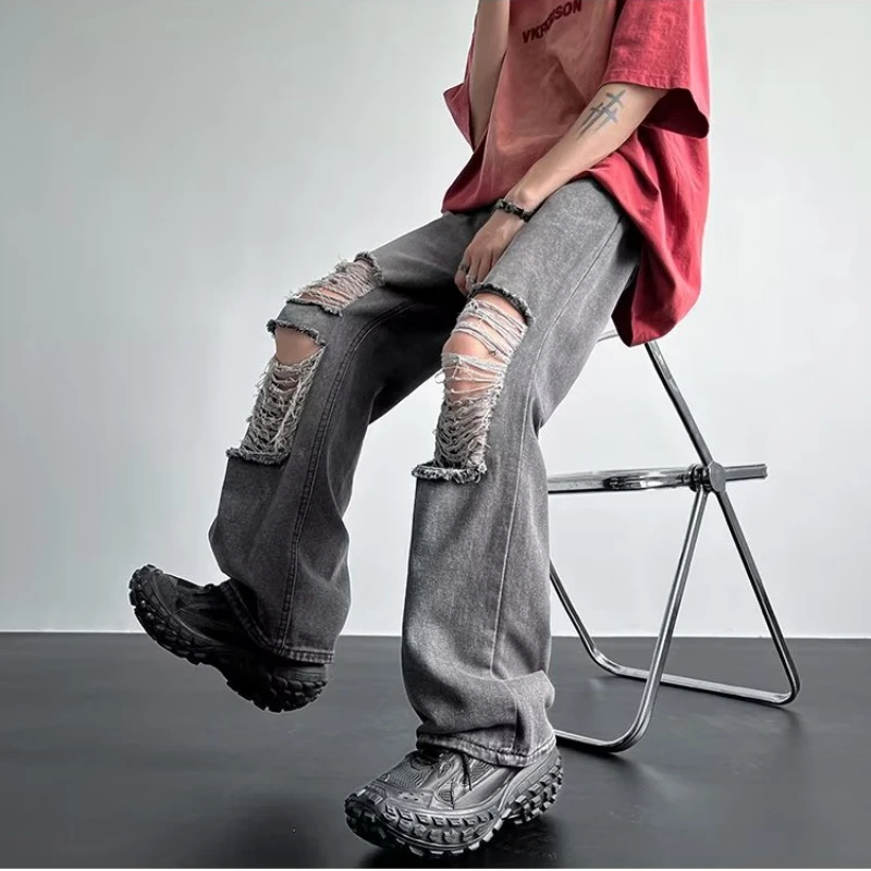 Jeans Männer Distressed Loch Unisex Gerade All-match Chic Sommer Lose Gewaschen Vintage High Street Amerikanischen Stil Denim Mode