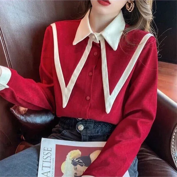 

Fall 2024 Loose Fit Color Block Red Shirt Women's Spring Autumn Thin Design Sense Korean Style Casual Button up Top