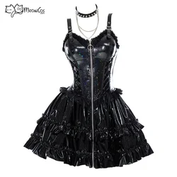 MEOWCOS Miss Misa Gothic Black Camisole Dress Colorful Glitter Zipper Dress A-Line Dress with Choker and Sleeves