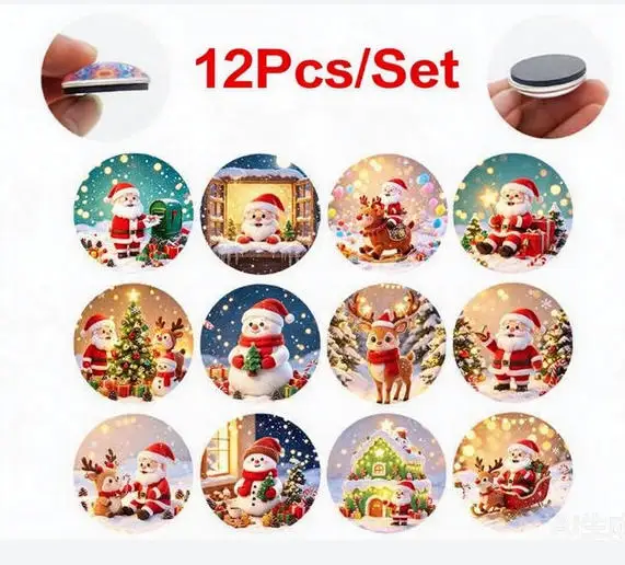 12Pcs/Set Round Christmas Fridge Magnets 30MM Cute Xmas Decorative Magnets for Refrigerator Kitchen Home Party Ornaments
