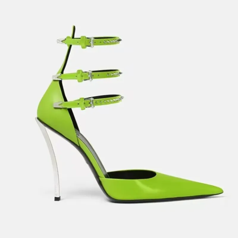 Summer High-end New Metal Stiletto Sandals Fashion Pointy Catwalk Fashion Single Shoes Sexy Nightclub Party Wedding High Heels