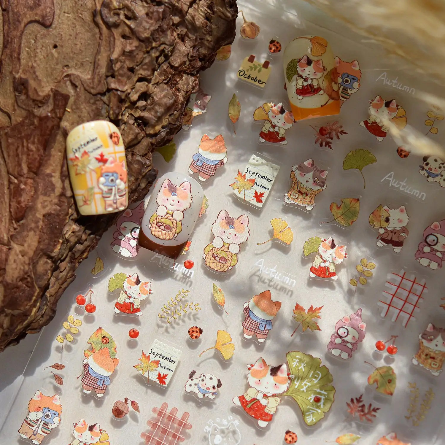

Autumn Ginkgo Leaf Maple Leaves Pinecone Cute Cat Ladybug Cherry Fruits Fall Dog Defoliation Nail Art Stickers Manicure Decals