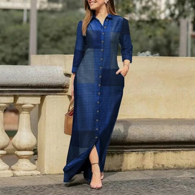 Vestido largo de manga larga con solapa y bolsillos para mujer, traje holgado informal con estampado a cuadros y botones, talla grande, a la moda