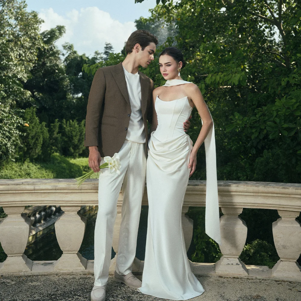 Elegant Strapless Backless Wedding Dresses With The Detachable Ribbons Satin Mermaid Bridal Gown Robe De Mariée Customized