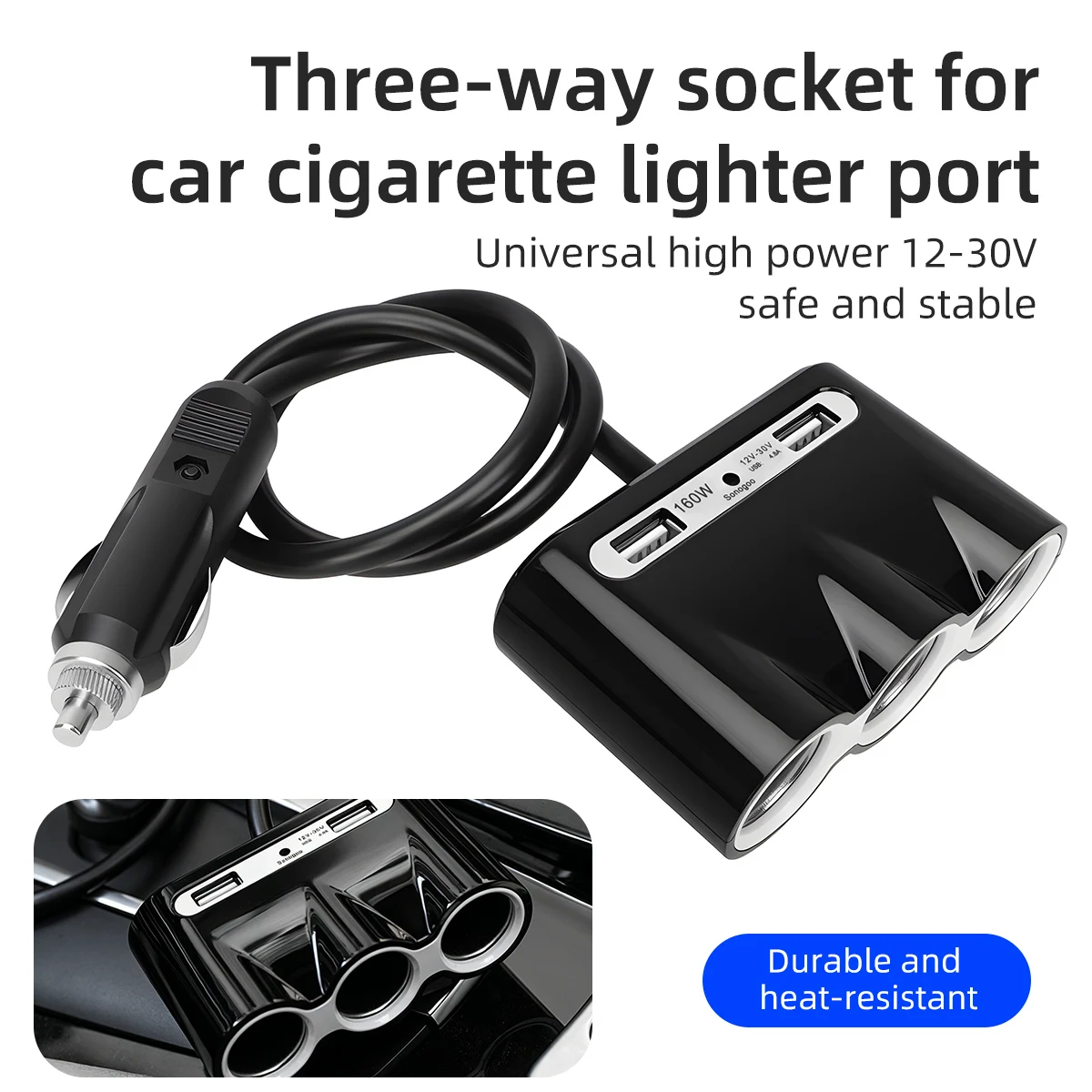 Car 3 in 1 Cigarette Lighter Splitter USB Socket 120W 12V 24V Fast Charger Phone Power Adapter for Car DVR IPhone GPS Dashcam