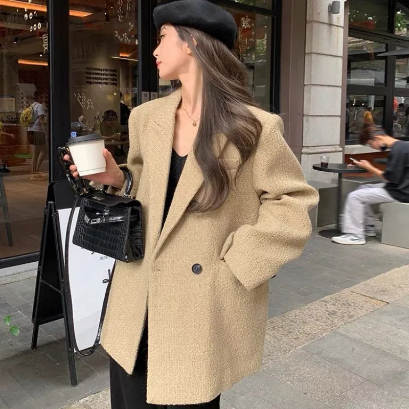 Woolen Suit Jacket Autumn Winter Women Thick Loose Korean Retro Mid-Length Outwear Female High-Grade Solid Color Casual Outcoat