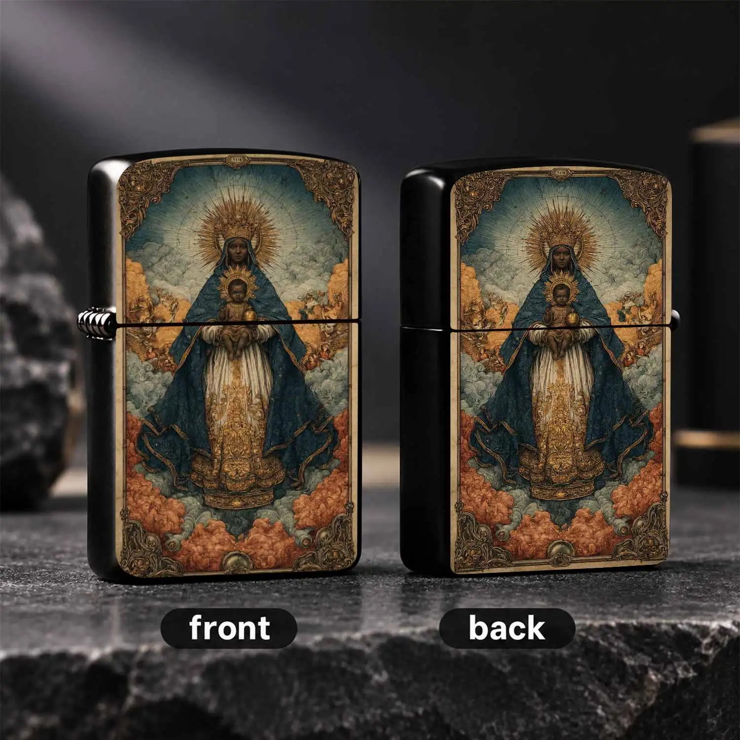 Vintage Engraved Style Holy Mother and Child Art Decor Lighter Suitable for Daily Carry Outdoor Activities ArtGifting All Common Scenes Exquisite Detail Full Texture Practical Decorative Fine Item A Humorous And Interesting Lighter
