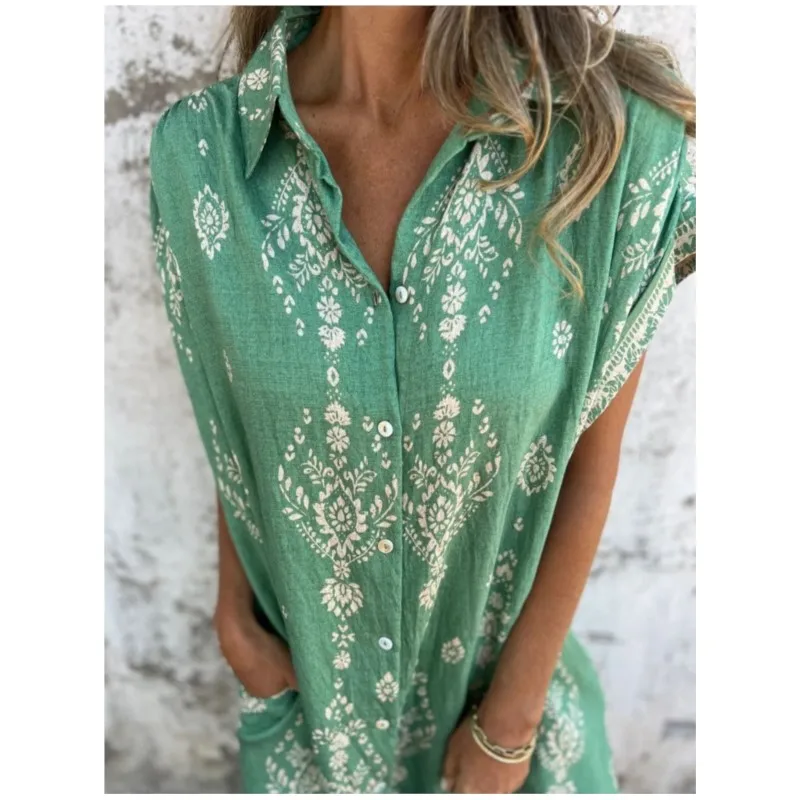 فساتين بوهو مطبوعة على الموضة للسيدات فستان قميص فضفاض بأكمام قصيرة وأزرار فستان لقضاء العطلات على الشاطئ رداء صيفي جديد