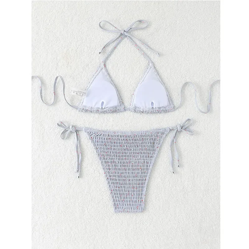 Sexy Tie Halter Grey Dot Print Wrinkled Bikinis Sets Two Pieces Thong Swimwear Biquini Conjunto De Bikini Tankini Beachwear